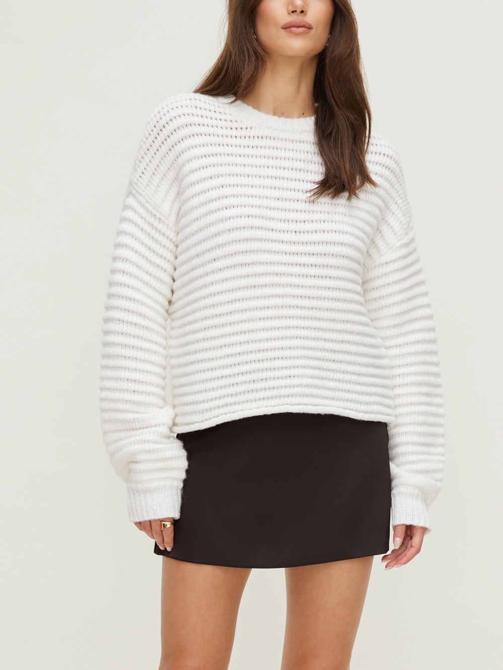Dynamite Cozy Ribbed Crewneck Sweater - Cream